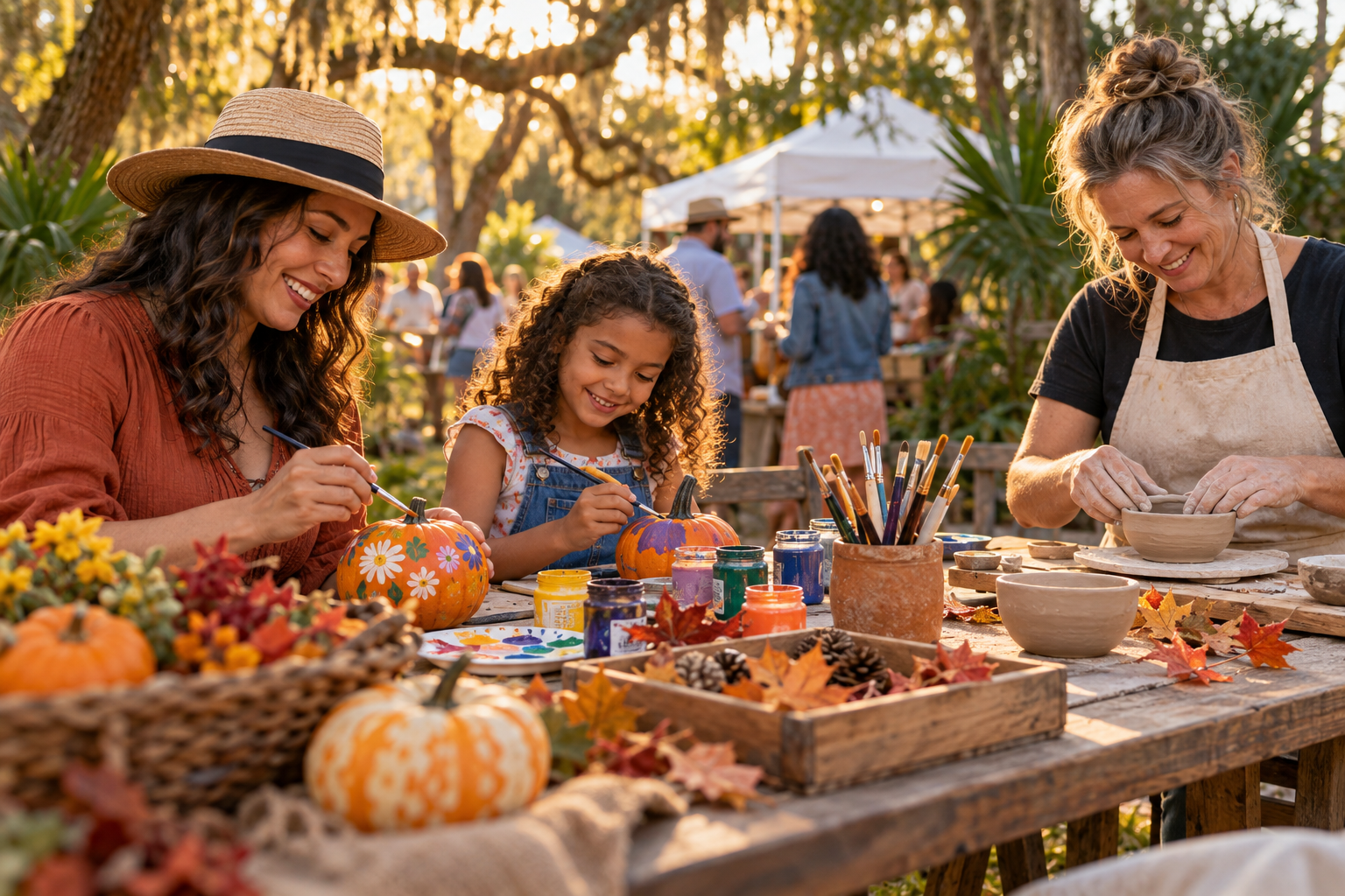 Illustration: a parent and child paint pumpkins while an artist shapes a clay bowl at an outdoor fall festival.