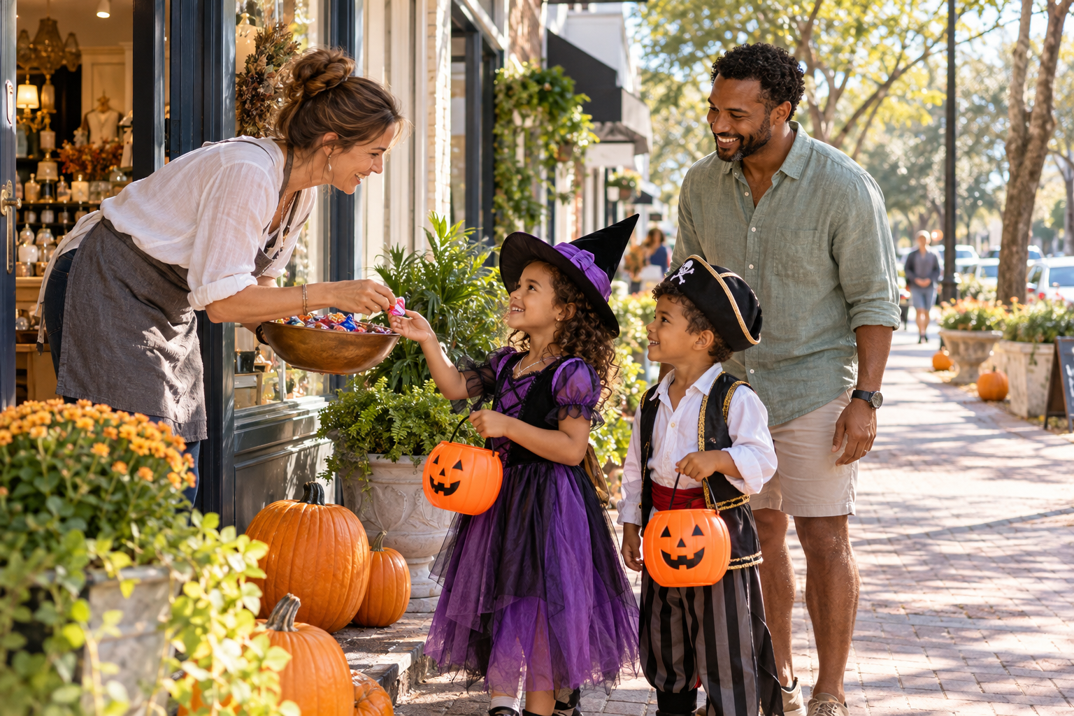 Illustration: a family in Halloween costumes receives candy outside a pumpkin-decorated downtown shop.