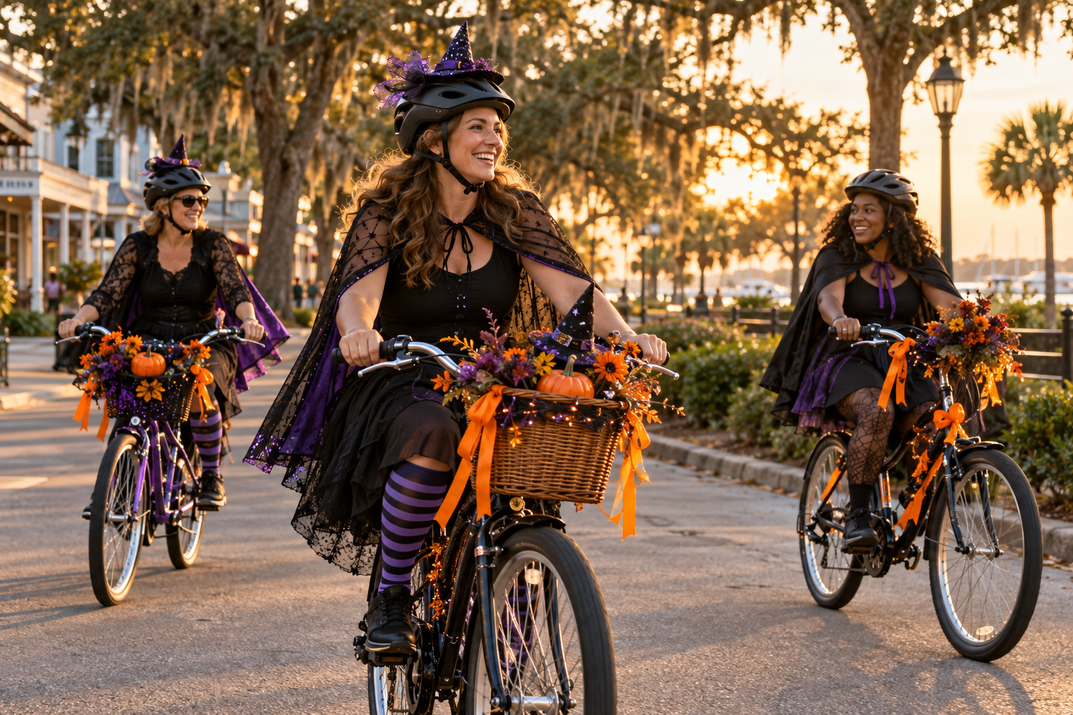 Illustration: helmeted adults in witch-inspired costumes ride decorated bicycles in golden evening light.