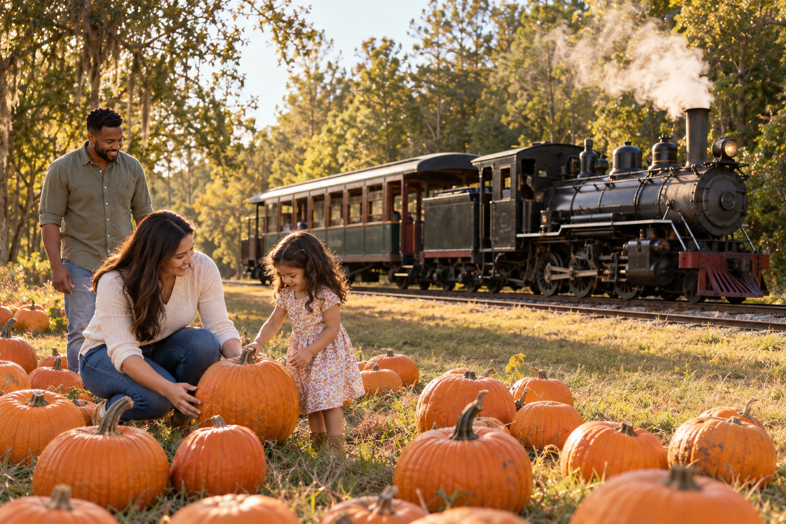 Illustration: a family chooses pumpkins beside a stationary heritage steam train in warm afternoon light.